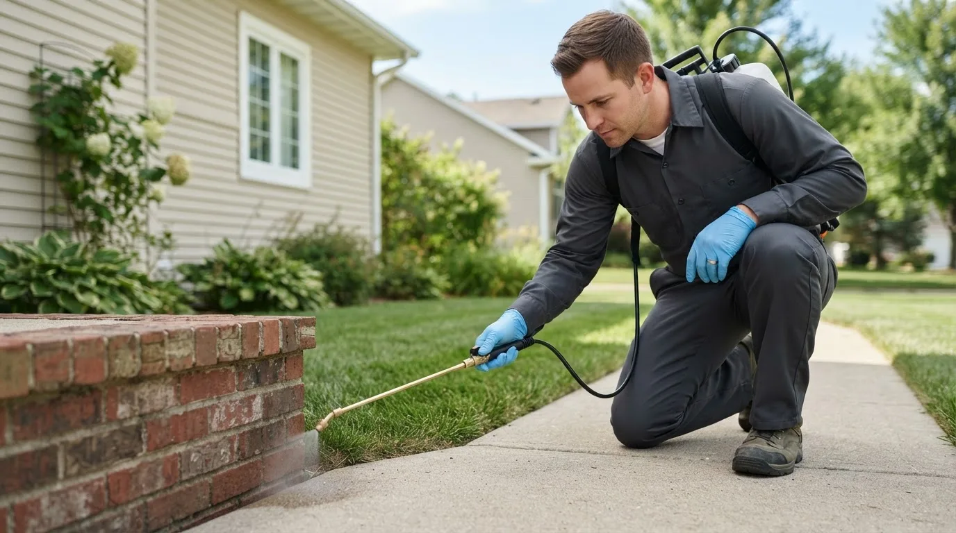 Pest control technician treating a home near Harwood, MD