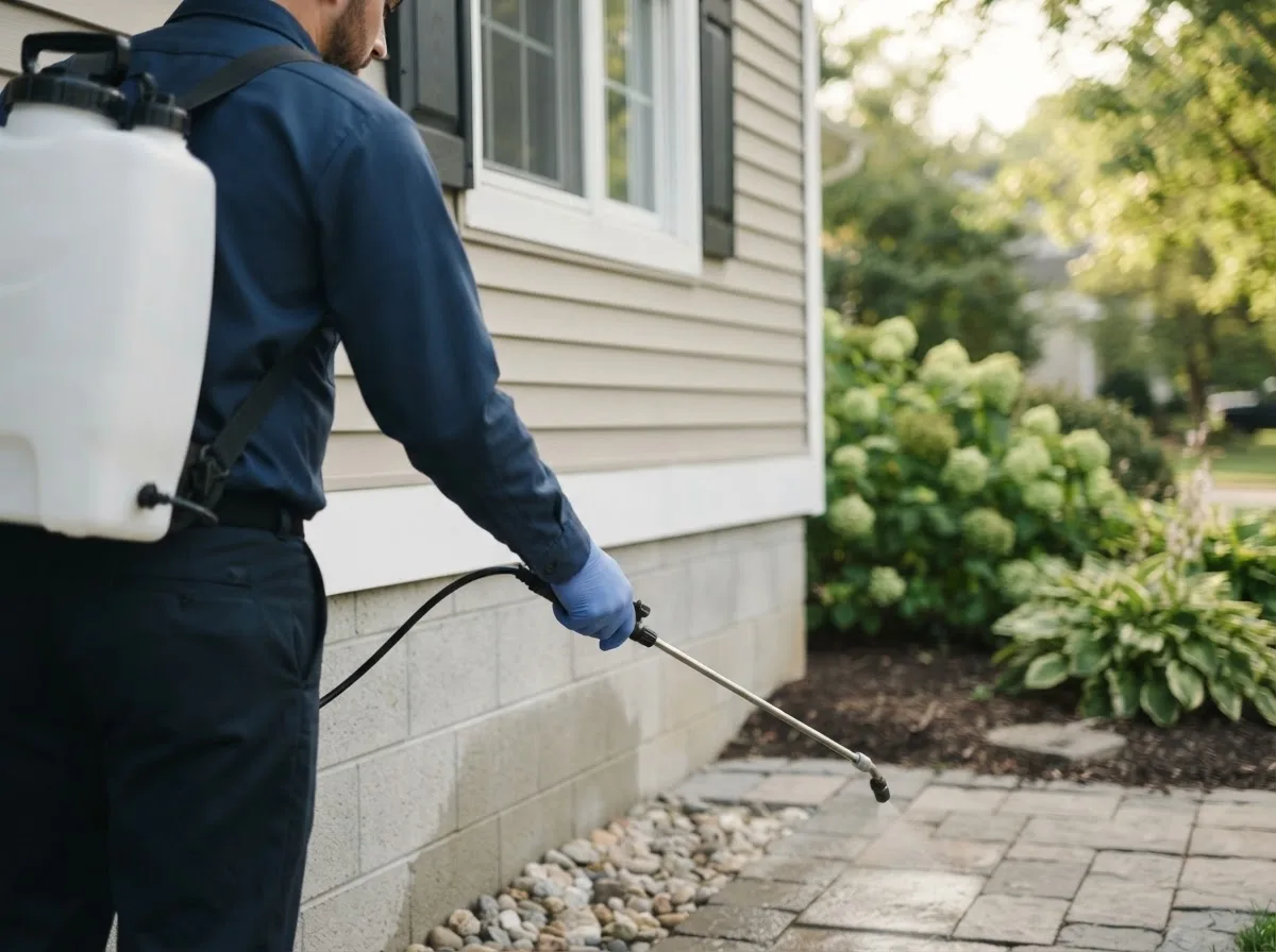 Pest control technician inspecting a home in Harwood, MD